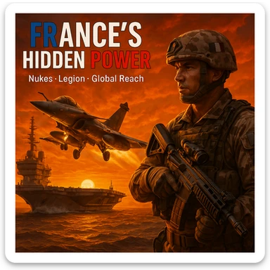 epic sunset scene of Rafale fighter jet taking off from a French aircraft carrier with an orange sky, foreground showing a French Foreign Legion soldier in desert camo holding an advanced rifle, bold French flag-colored headline 'FRANCE’S HIDDEN POWER', subtext 'Nukes • Legion • Global Reach', 8K, dramatic lighting sticker