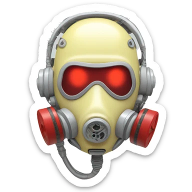 Pastel light yellow round male cyborg head with red respirator mask and circuits sticker