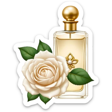 white English rose Benjamin Britten ( flower ) and pearl bow and vintage gold perfume bottle  sticker