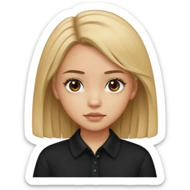 Light skinned girl with dirty blonde hair and deep brown eyes and a black square collared shirt sticker