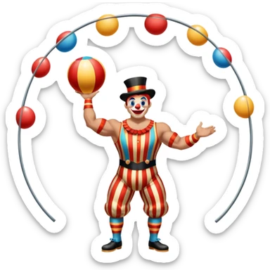 Icon for Circus Arts: a vibrant round circus arena with a strongman in a striped costume, a juggler performing and a clown entertaining the crowd. The icon should capture the energy and excitement of a circus performance. Transparent background. sticker
