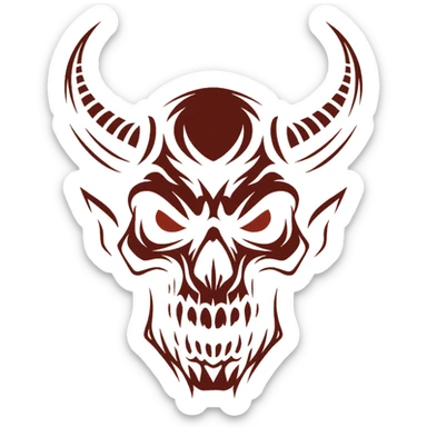 dark logo, combination of skull and horned demon, black and red colors, aggressive and impressive sticker