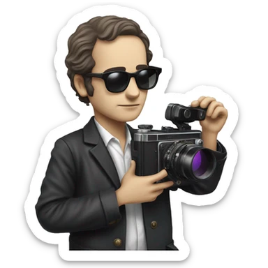 young jean luc godard with sunglasses holding a camera sticker
