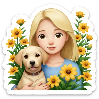 A girl holding a Labrador in the flowers sticker