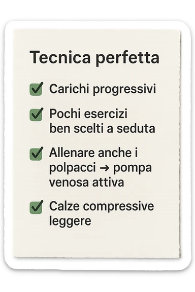 FOGLIO DI CARTA PER L'ALLENAMENTO IN PALESTRA CON LA SCRITTA "Tecnica perfetta
 ✅ Carichi progressivi
 ✅ Pochi esercizi ben scelti a seduta
 ✅ Allenare anche i polpacci → pompa venosa attiva
 ✅ Calze compressive leggere" , IPERREALISTICA 4K sticker