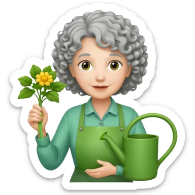 Older female florist – curly hair, hold garden watering pot sticker