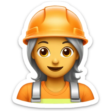 a female construction worker with an orange helmet, saying thank you with a happy face sticker