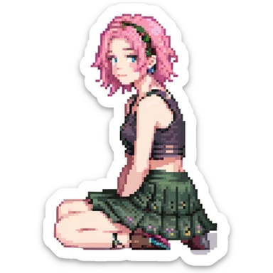 A girl with pink hair, wearing a skirt, sitting sideways on her leg, wearing a crop top, vibrant colors sticker