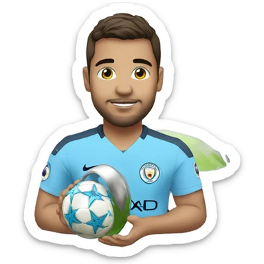 a manchester city fan holding the UEFA Champions League sticker