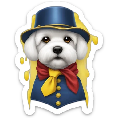 Bichon maltés con casco de obrero amarillo, chaleco rojo, camisa amarilla y corbata azul sticker