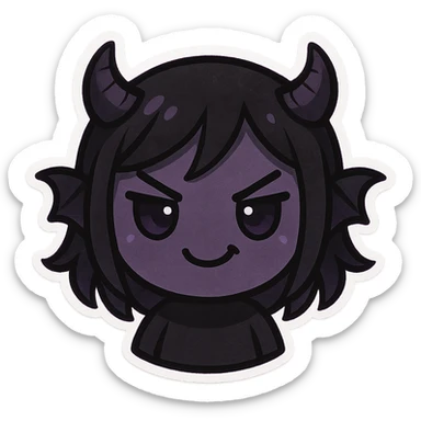 devil emoji in chibi style with gothic palette black and purple, tiny horns, cute but mischievous expression sticker