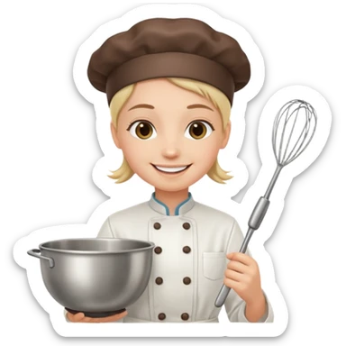Young Pastry Chef – smiling, holding whisk and mixing bowl. sticker