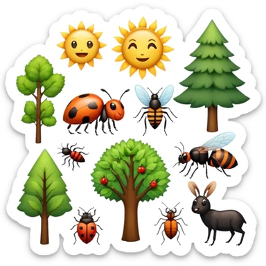 create me a good morning emoji with trees, bugs and animals, and a sun sticker