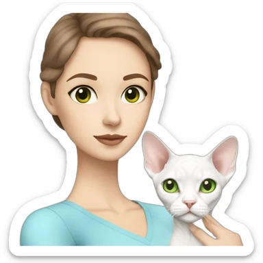 White brunette woman with green eyes and bob hair holding slim white devon rex with light blue eyes sticker
