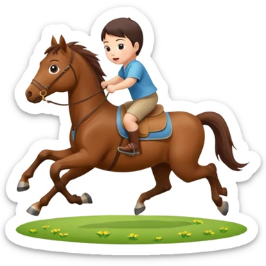 l little chinese baby riding on a  cute horse running really fast on the grass with 2026 year's label sticker