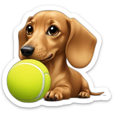 A fawn colored dachshund playing with a tennis ball sticker