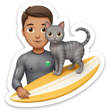 Create an emoji of an Italian guy surfing with a grey cat on his shoulder sticker
