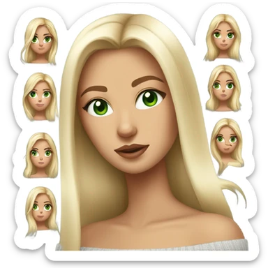 blonde girl with green eyes, smooth skin, off shoulder sweater, long blow out hair, baddie sticker