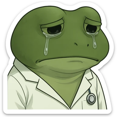 Add visible tears to the bufo frog doctor wearing a medical coat, with downcast sad eyes looking at the camera, no background. Keep the bufo frog style and emphasize the tears and sadness in the eyes clearly. sticker