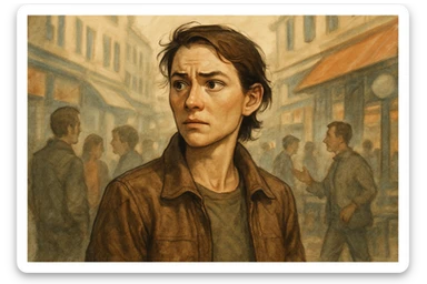 a character looking uncertain at people, but confidently observing the environment around them sticker