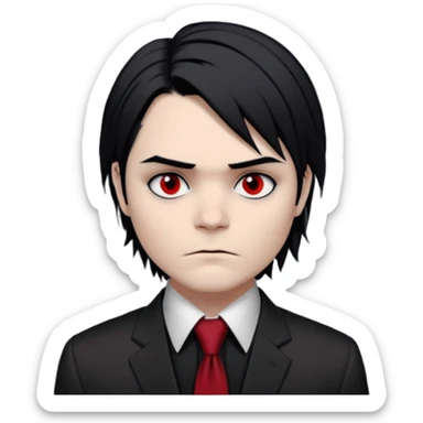 Gerard Way (Revenge Era)
Round, simplified emoji style
Pale skin tone dark eyes
-black, shoulder-length hair messy and emo
Heavy eyeliner and shadow under the eyes
Subtle serious face
Hint of red tie visible on black button up shirt.
Transparent background. Black eyeliner. Messy emo hair sticker