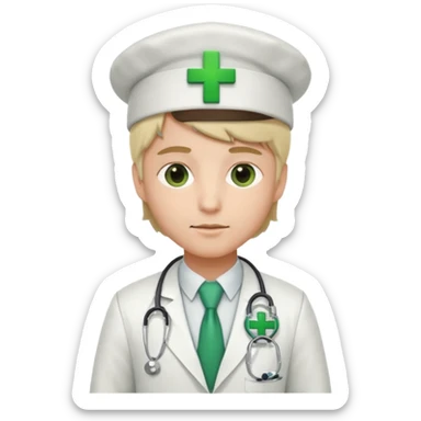 a doctor in white suit with a doctor hat with green cross sticker