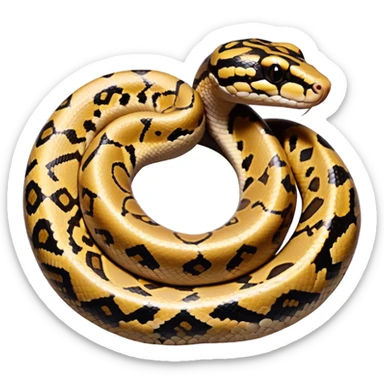 A photo-realistic top-down view of a Ball Python gently coiled into a tight spiral, with its head resting peacefully at the center. The pattern flows smoothly around the curves of its body, emphasizing its natural camouflage and calm demeanor. sticker
