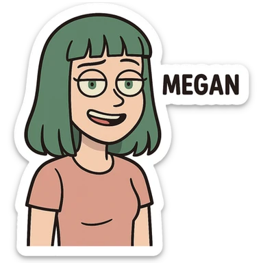 cartoon face of Megan, green hair, straight bangs, green eyes, same expression, same line style sticker