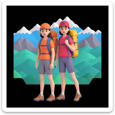 back packer couple posing, mountains in background,   close up pose sticker