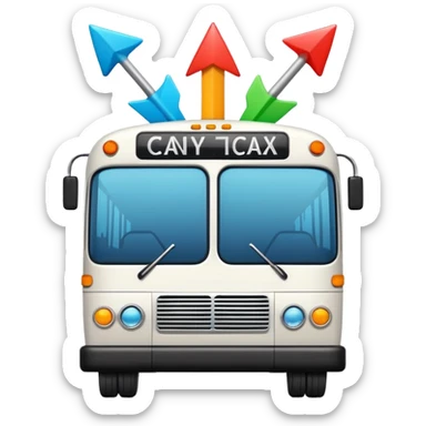a sleek bus and three colorful arrows leading to city symbols, Apple emoji style sticker