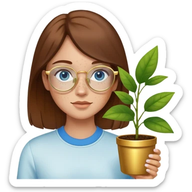 Girl with light skin, brown hair, blue eyes, freckles, and gold glasses holding plant sticker