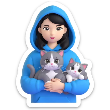 Girl with black hair wearing gray hoodie with a British shorthair blue and white cat and a long-haired blue and white cat sticker