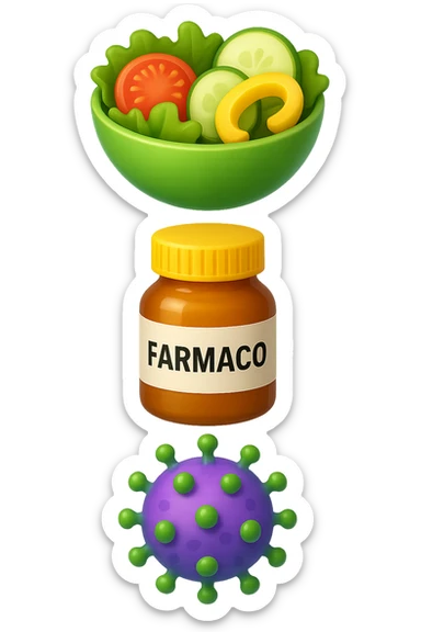 EMOJI STILE IPHONE DI una bowl di insalata, una boccetta di farmaco con la scritta "FARMACO" SULLA BOCCETTA E UN VIRUS, FLUTTUANO IN ARIA UNO SOPRA L'ALTRO, IPERREALISTICO 4K sticker