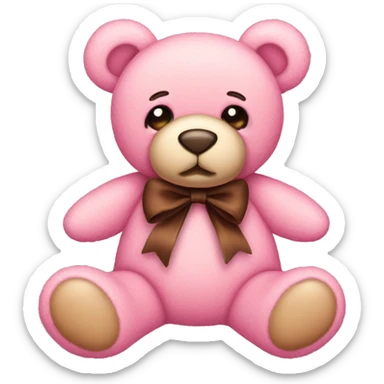 pink teddy bear with brown details and a bow sticker