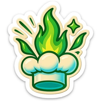 chef's hat explode with trails of fires, emoji, playful, magic flame green gradient, vibrant, flame matching style reference file sticker