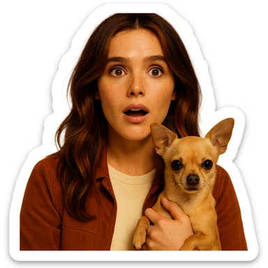 Portrait centered for Instagram profile picture, inspired by facial features visible in the reference images of Zoe Deutch, with tanned skin and subtle freckles. Wearing a shirt in color #FFF8CA and a rust-colored jacket. Brown mid-length hair with auburn highlights. Expression is surprised and amazed. Holding an expressive and cute beige-brown chihuahua. Style inspired by a Netflix series, intimate and expressive atmosphere inspired by Tenerife. Transparent background. sticker