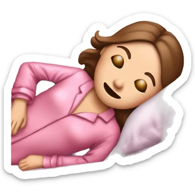 White skinned girl with brown hair wearing pink silk pyjamas and wearing a ￼pink sleeping eye mask sticker