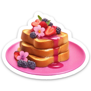 French Toast with pink syrup garnished with flowers and fruit on a pink glitter plate sticker