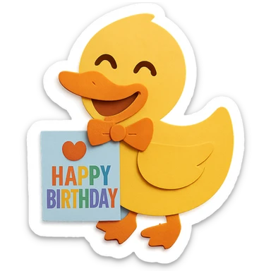 Change the duck to have a laughing face and update the 'Happy Birthday' wording on the card to rainbow colors. Keep all other design elements unchanged sticker