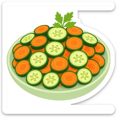 Add cut carrot slices to the sliced cucumber salad with herbs. The style should resemble emoji style with no background. sticker