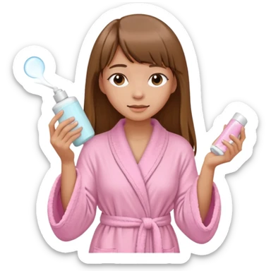 a girl with light skin and medium brown long hair with bangs who is applying lotion to her body show her whole body in a light pink bathrobe  sticker