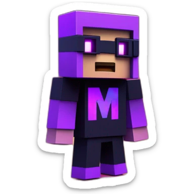 Minecraft steve wearing a black hoodie with "OMG" letters on it and VR headset in a cyberpunk VR environment with violet neon lighting. sticker