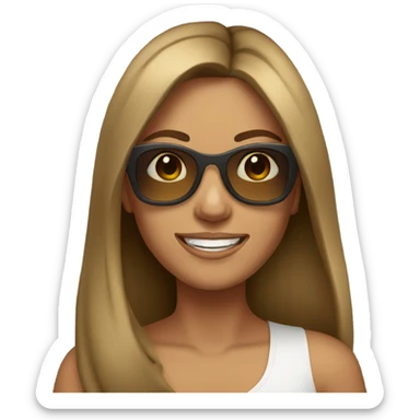 Woman with brunette long hair tan skin sunglasses and smiling sticker