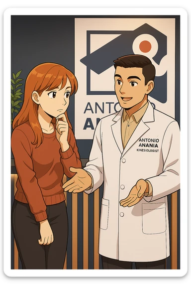 su questo stile fai un manga/webtoon a colori in cui una donna SI TOCCA IL MENTO MENTRE FA UNA DOMANDA ALL'UOMO, l'uomo della foto in stile manga LE SPIEGA CHE DEVE PROVARE LA SUA VALUTAZIONE MEDICA, mantieni un ambiente simile alla foto che ho allegato con il suo logo (sarebbe il suo studio, lui è un kinesiologo), scrivigli "ANTONIO ANANIA" sul camice bianco, non mettere fumetti, ma fai in modo che sembri che la donna CHIEDA E  l'uomo RISPONDA sticker
