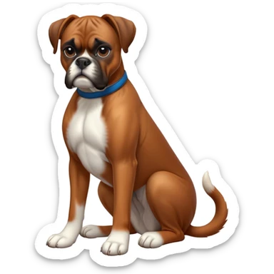 cinematic-[boxer dog]-realistic-full-body-sitting-emoji,-tail-resting-loosely-beside-its-paws,-head-tilted-dramatically,-sleek-[brown]-fur,-simplified-yet-realistic-focused-features,-highly-detailed,-glowing-with-an-almost-sarcastic-glow sticker