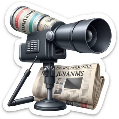 An icon featuring a microphone, a newspaper, a professional camera, representing journalism and mass media. The design includes headlines and imagery, symbolizing the spread of news and information. Transparent background highlights the power of communication and media. sticker