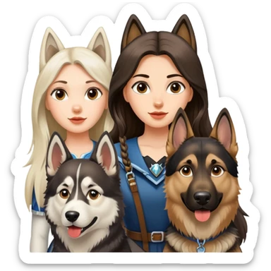 A long-haired girl is leading a husky and a German shepherd sticker