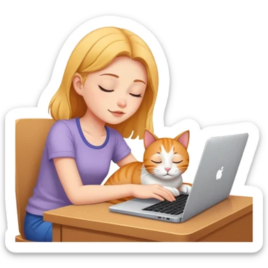 A girl works on a laptop with a cat sleeping next to it sticker