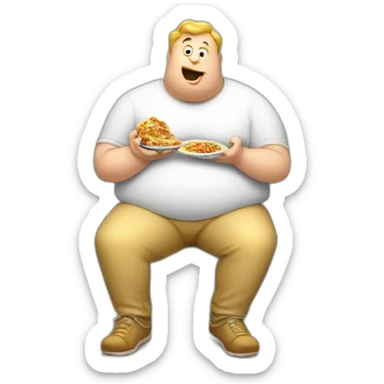 a fat white dude sitting on a couch gobbling down 3 tins of lasagna sticker