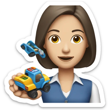 A white brunette woman who playing with the toys cars, and the word “Ok” at the top sticker